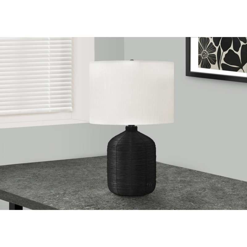 Lampe de table, base en rotin brun, 23 po, abat-jour tambour ivoire, Noir
