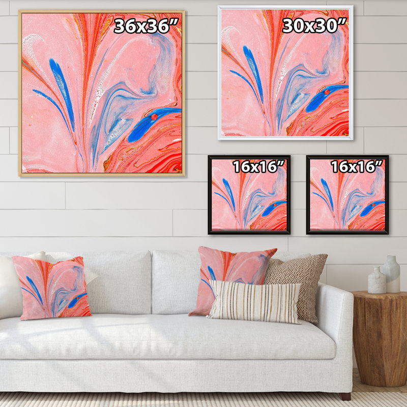 Orange et bleu liquide - Peinture sur toile, H 36 po x l 36 po x P 1 po, Cadre flottant en érable