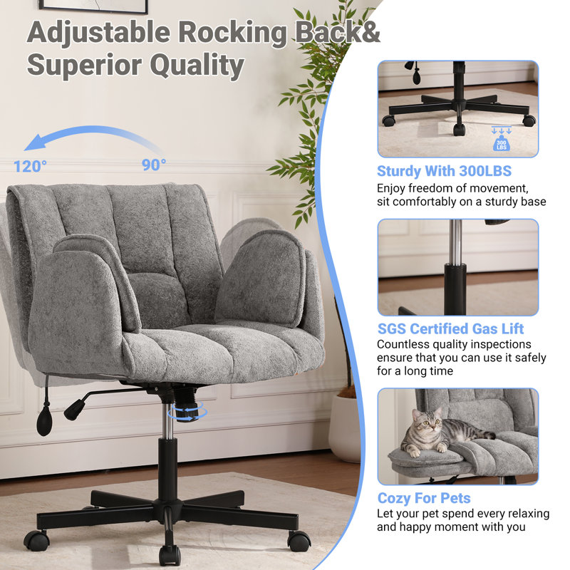 Criss Cross Office Chair with 6-Gear Adjustable Armrests, Wide Seat Fabric Desk Chair with Wheels, Adjustable Lumbar Support, 300 lb Swivel Vanity Chair for Home Office, Makeup Room, Bedroom