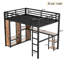 Noir, grand lit mezzanine en métal, armoire avec système de tablettes, espace de travail de bureau, espace de rangement, garde-corps pour les articles quotidiens sous le lit, lecture, organisation des tablettes, économie d'espace