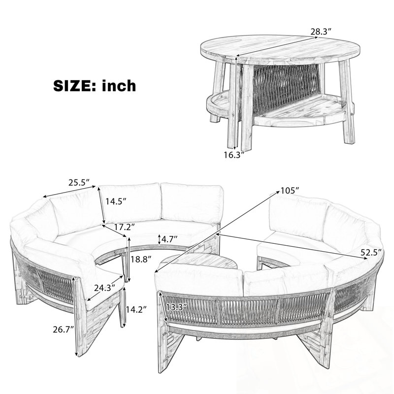Ensemble de canapés d'extérieur 3 pièces avec 2 canapés demi-cercle et une table basse, Beige