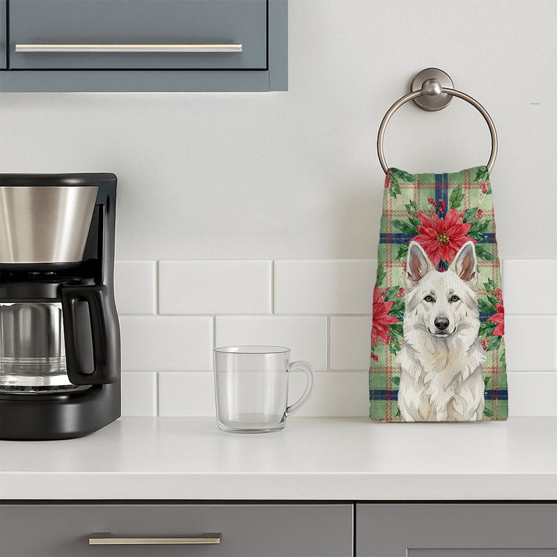 White German Shepherd Christmas PoinsettIas Kitchen Towel, White German Shepherd