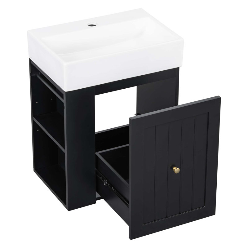Meuble-lavabo de 20 pouces avec lavabo en céramique, armoire de rangement en panneau de fibres à densité moyenne avec tiroir, tablette latérale et poignée - Meuble-lavabo moderne pour les petites salles de bain