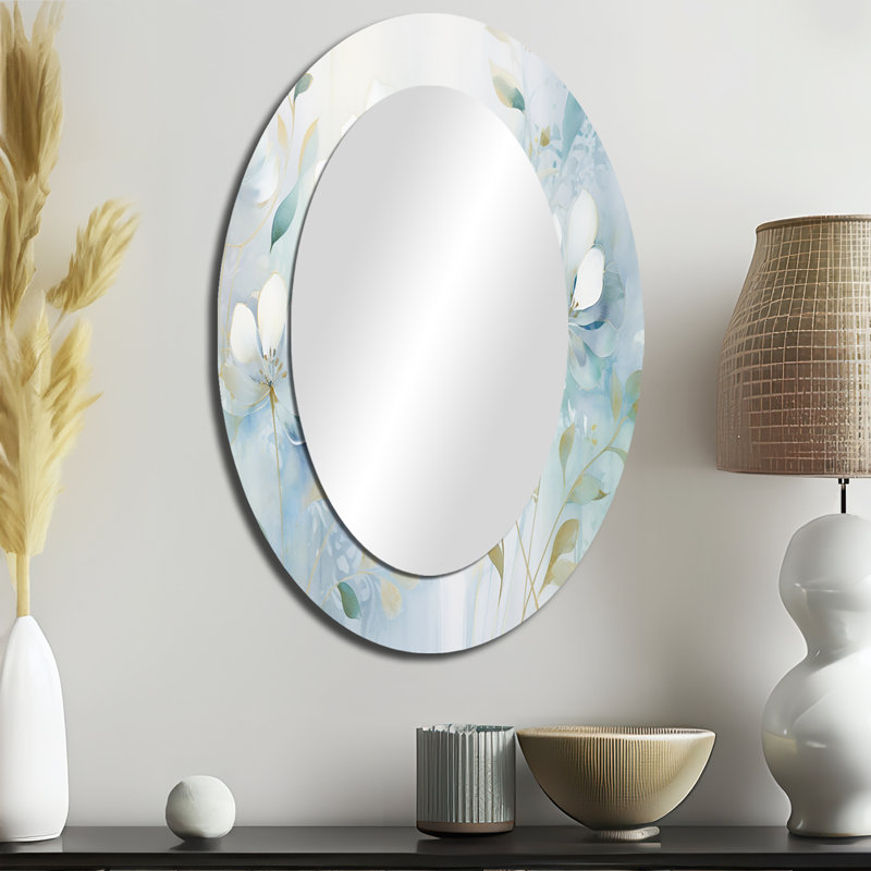 Blue Botanical Rhythms I - Miroir mural moderne ovale, 36 po x 24 po