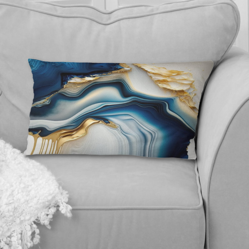 Abstract Geode Gold And Blue Marble II - Abstract Marble Printed Pillow, 16" x 16"