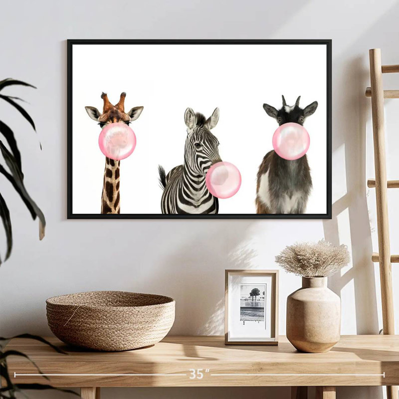 Animaux de safari Bubble Gum, 25 po x 17 po, Cadre flottant noir