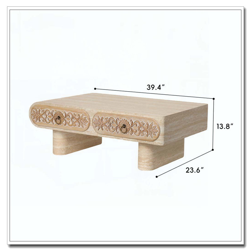 Table basse à bord arrondi avec tiroir en bois massif à motif floral