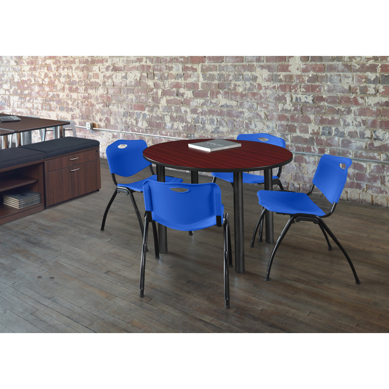 Plateau de table Kee, 4 chaises empilables, Bleu, Acajou, 29" H x 42" W x 42" D