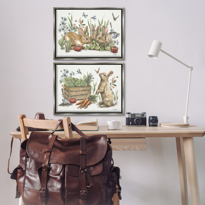 Ensemble de 2 toiles flottantes "Rabbit Légumes Garden Party" par Leslie Trimbach, Cadre flottant gris lustré