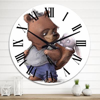 Mignon ourson en peluche avec petit lièvre blanc III - Horloge murale pour enfants