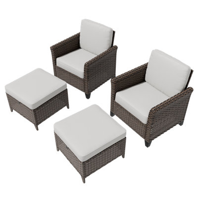 4-Piece Patio Outdoor All-Weather Brown Wicker Curved Armchair Conversation Set with Cushions, Ottomans
