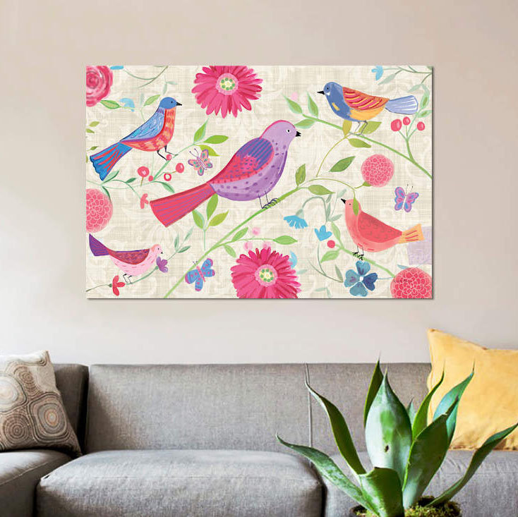 «Damask Floral and Bird, Rectangluar», reproduction sur toile, H 8 po x l 12 po x P 0,75 po, Pas de tapis, Toile tendue