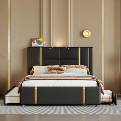 2 Drawers Upholstered Bed With Trundle And Lighted Headboard