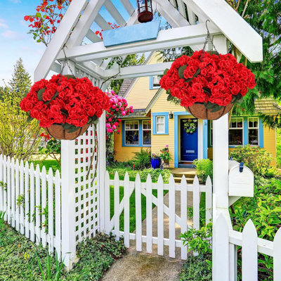 Artificial Red Geranium Hanging Basket – 8Pcs Lifelike Silk Flowers with Foliage, Weatherproof Outdoor Planter for Porch, Patio, Garden & Christmas Decor, No-Water Maintenance