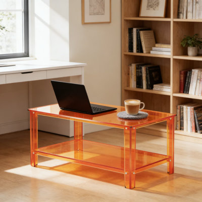 Modern Acrylic Coffee Table With Storage Shelf, 2-Tier Rectangle Centre Table For Living Room, Small Spaces And Office