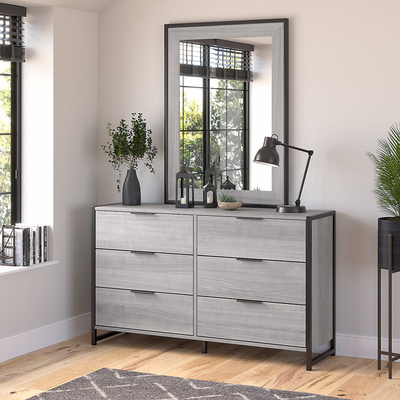 Commode double 6 tiroirs avec miroir Spero, Gris platine