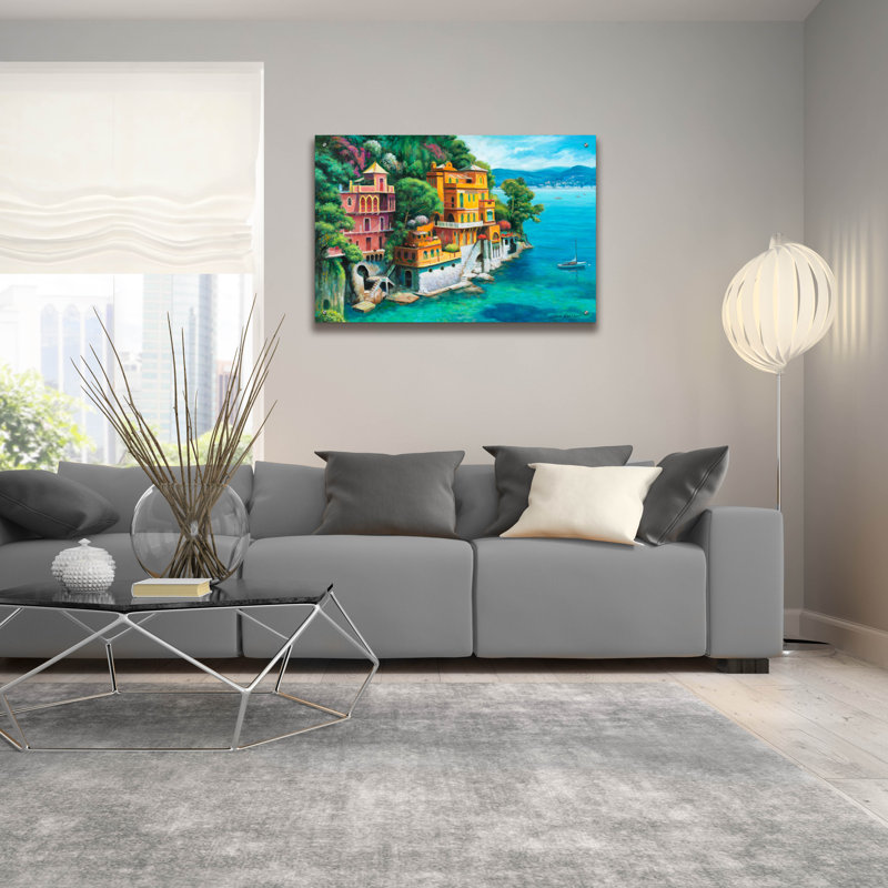 Rosecliff Heights «Domina Beach Portofino Italy» par John Zaccheo, art mural en verre acrylique, 36 po x 24 po