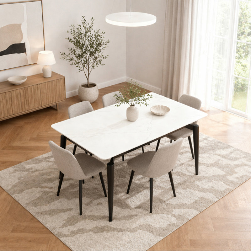 Table de roche brillante avec pieds noirs, table de salle à manger en pierre frittée, table de salle à manger pour 6 à 8 personnes