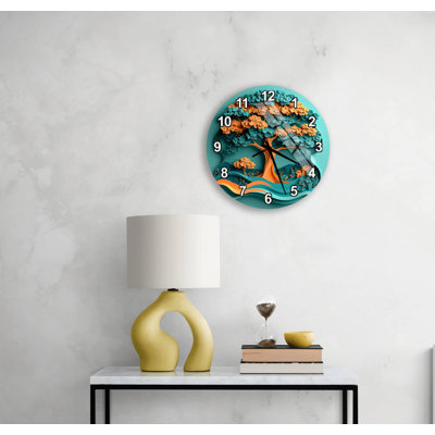 Horloge murale en verre trempé - arbre de vie sarcelle orange, art moderne, grande montre ronde silencieuse pour salon, cadeau unique inspiré de la nature