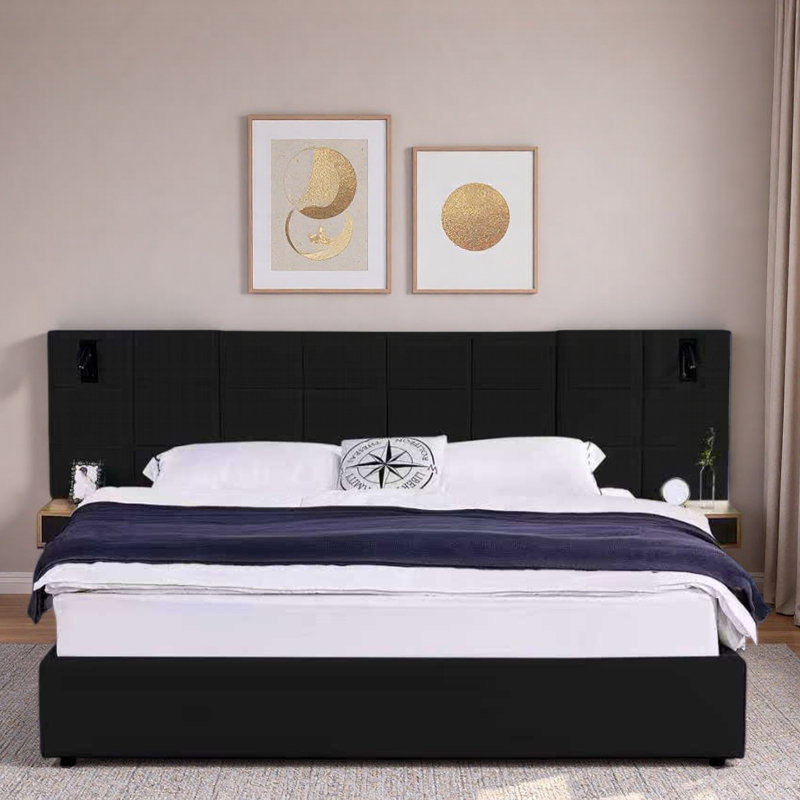 Lit plateforme tapissier hydraulique en velours avec 2 tablettes, 2 lampes de lecture et port USB, Noir