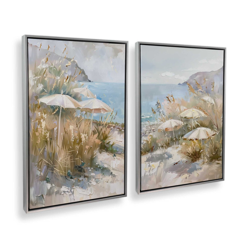 Ensemble de 2 impressions de parasol Seaside, 48 po x 32 po, Cadre flottant en chrome poli