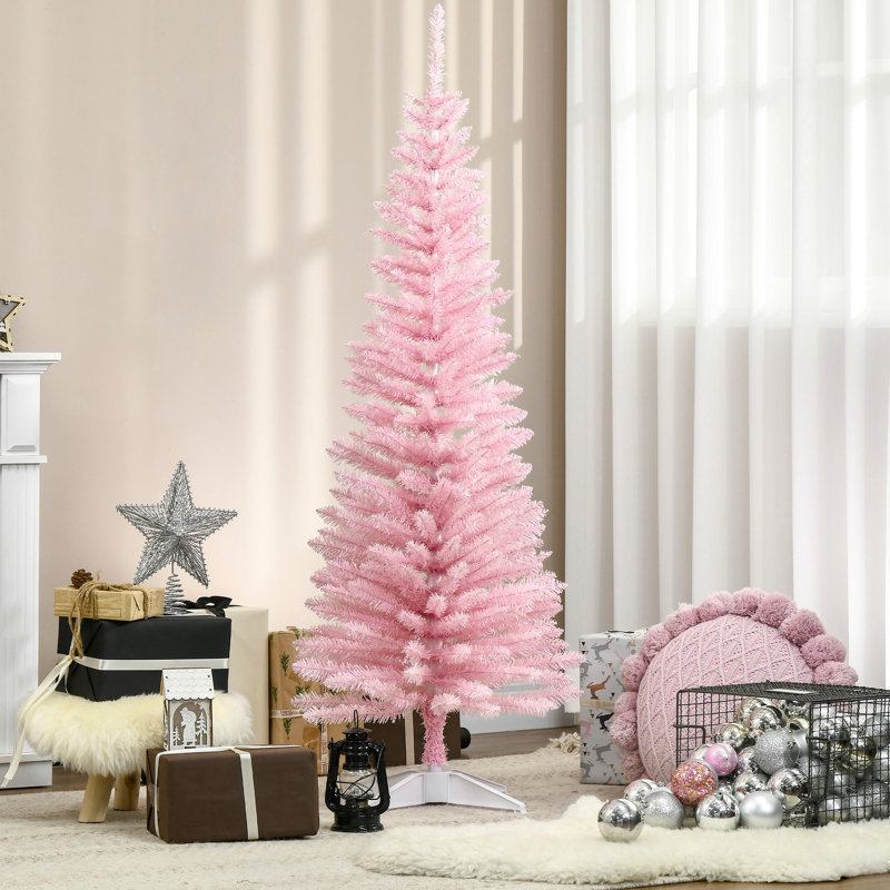 Arbre de Noël artificiel rose, mince de 5 pi avec 294 pointes de branches, support en plastique fiable, installation stable et résistante au feu et aux étapes d'assemblage