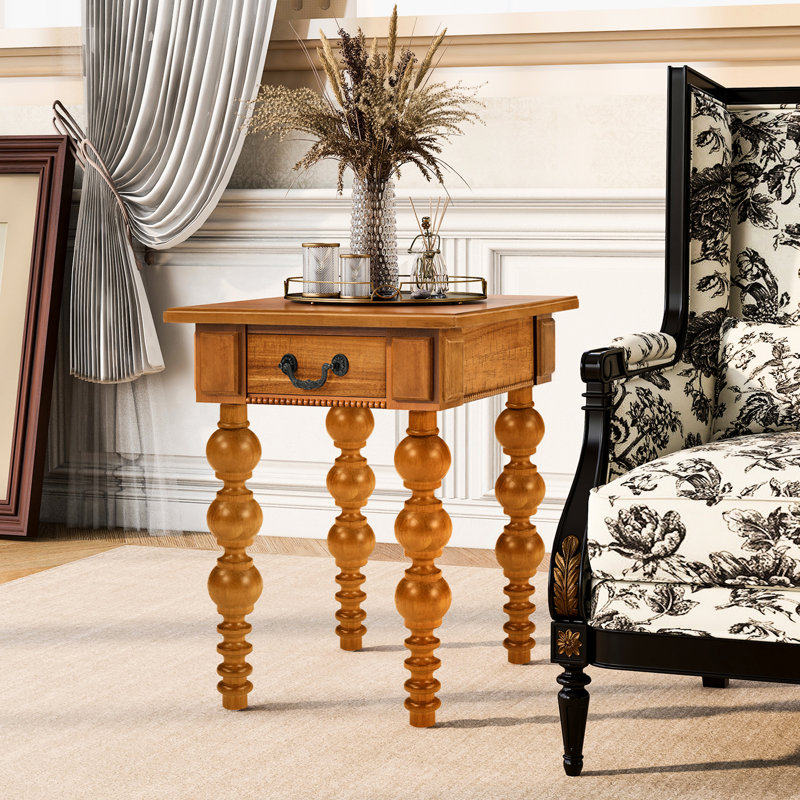 Table de bout vintage étroite en bois massif avec tiroir, côté pour le salon, matériaux naturels de haute qualité, chaleur, conception à bulles sur les pieds, tiroir de rangement en bois naturel et en bois d'hévéa, assemblage rapide, idéal