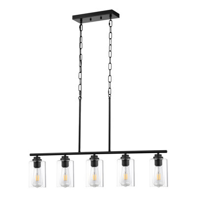 Suspension d'îlot de cuisine à 5 lumières, 60 W, luminaire de salle à manger réglable avec abat-jour en verre transparent, 4 tiges et 2 chaînes métalliques, douille E26, structure métallique, lustre linéaire de style ferme pour salle à manger