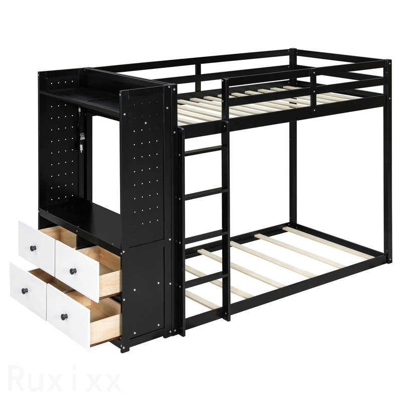 Lit simple superposé simple avec 4 tiroirs de rangement, rail suspendu, bande lumineuse et tablettes intégrées et 2 panneaux perforés, noir, 3 couleurs disponibles