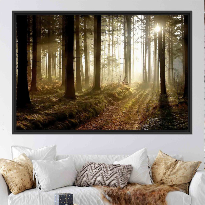 Forest Path at Sunset Art - Nature-Inspired Wall Decor, 41" H x 94" W, Black, Framed Print without Mat