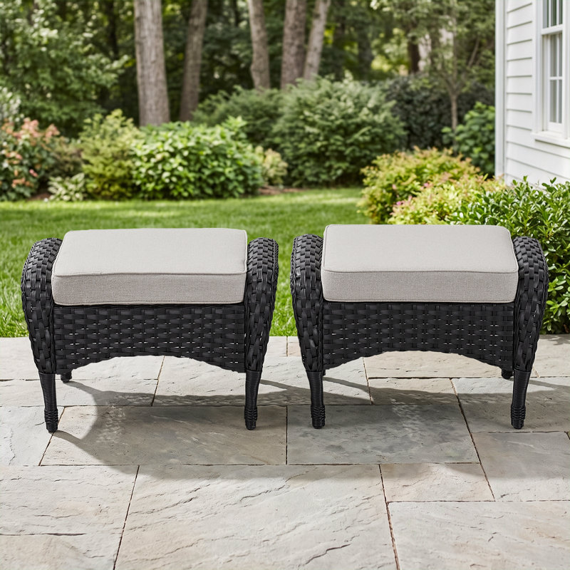 Repose-pieds d'extérieur en osier avec coussin Gaetanino, Beige, Noir