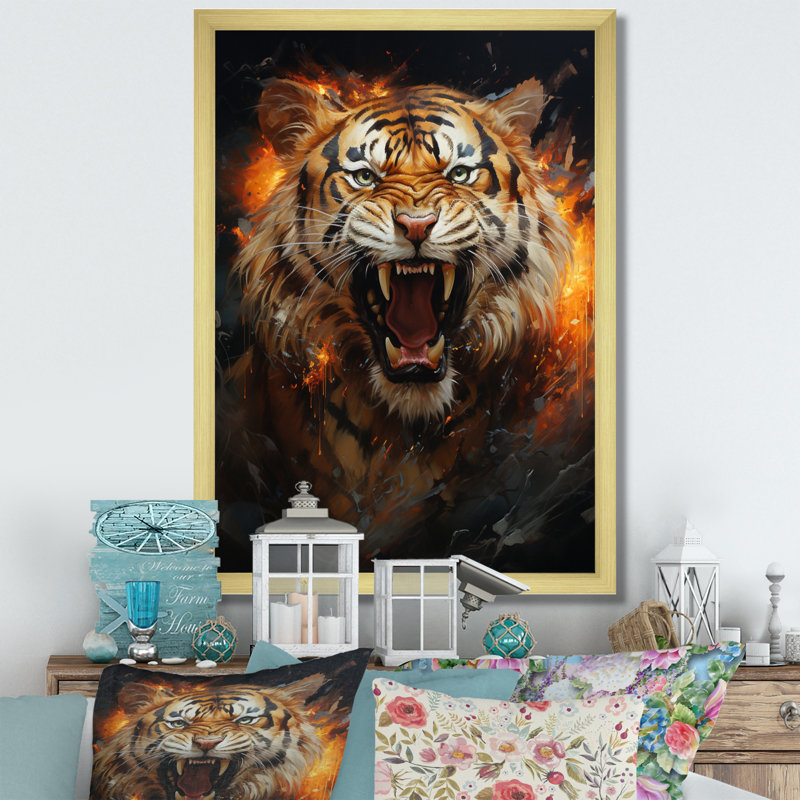 Aakif Brown Tiger Roaring Portrait, reproduction d'art sur toile, 44" H x 34" W, White Floater Framed