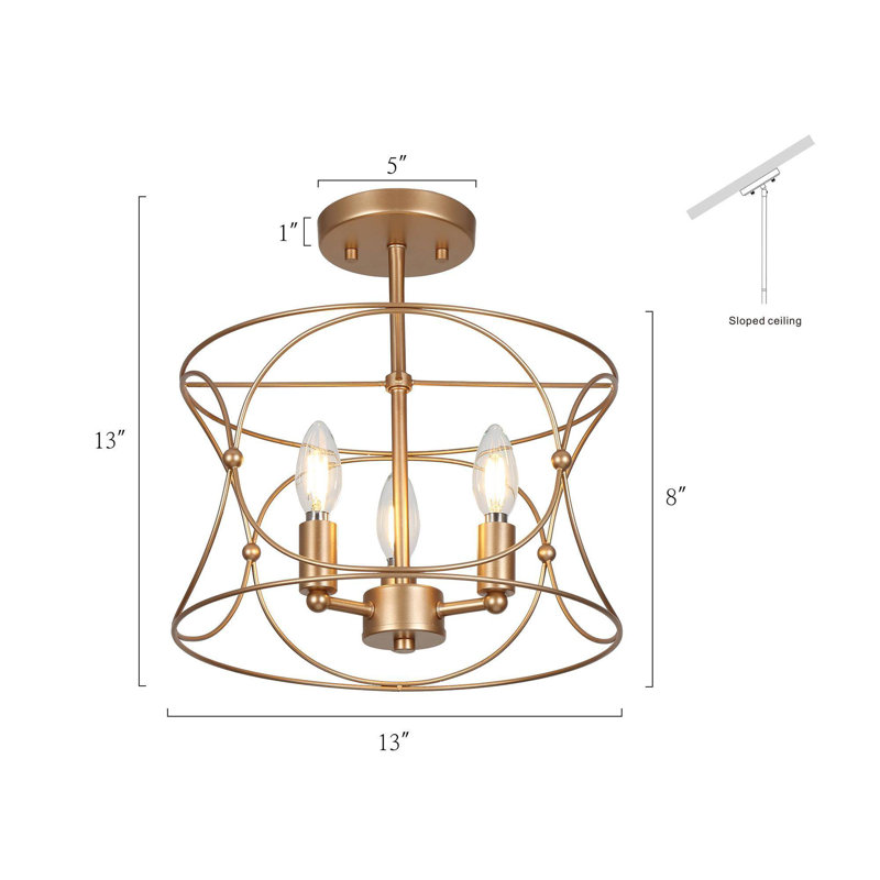 3-Light Drum Cage Frame Semi-Flush Mount Light