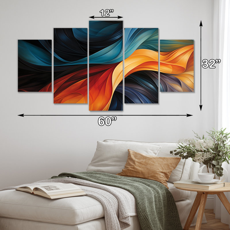 Ensemble de 5 impressions murales rétro bleues et liquides - vagues, H 32 po x l 60 po