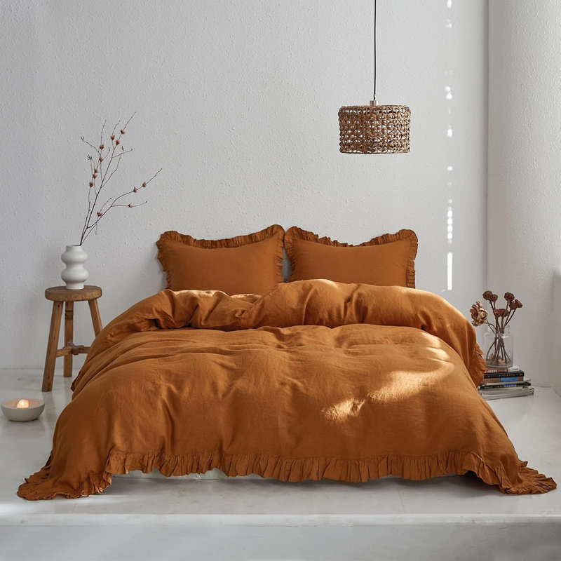 Linen Ruffled Duvet Cover Set, Queen Duvet Cover + 2 Standard Shams, Rust