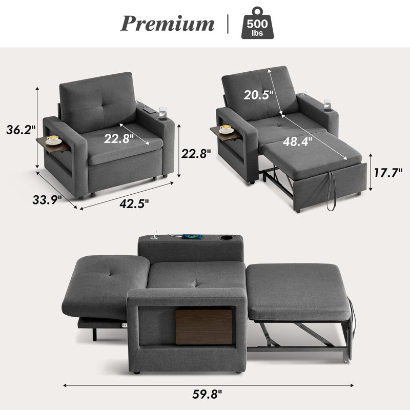 Single Sofa Bed With Usb & Type-C Charging Ports, Pull-Out Sleeper Chair With Adjustable Backrest, Storage Pocket, Cup Holder & Foldable Side Table, Linen Fabric Convertible Sofa For Small Spaces