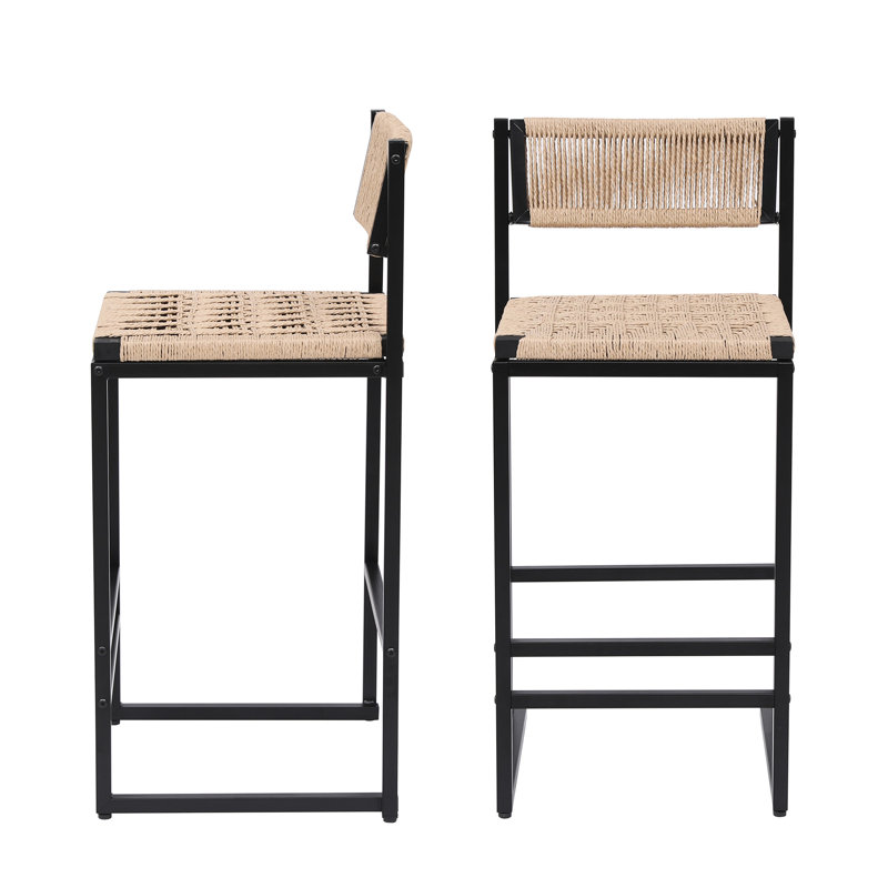 Élégantes chaises de bar de salle à manger - 2 pièces, corde de papier tissée, style noir avec 2 tabourets, structure en métal