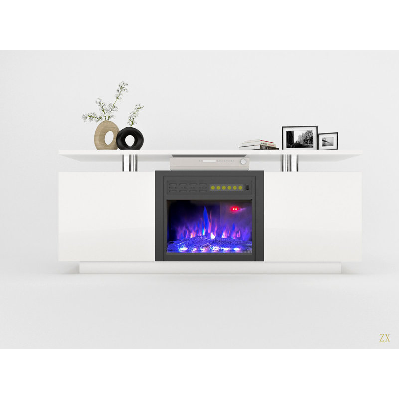 Meuble télé 160 cm ultrabrillant avec foyer, avec changement de couleur de chaleur et de flamme