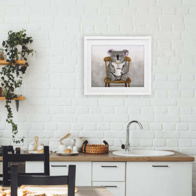 Koala avec tasse à café, reproduction encadrée sous verre, conception de George Dyachenko