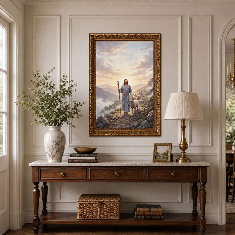 Art mural sur toile, "Jésus conduisant un mouton sur un chemin de montagne", H 24 po x l 16 po
