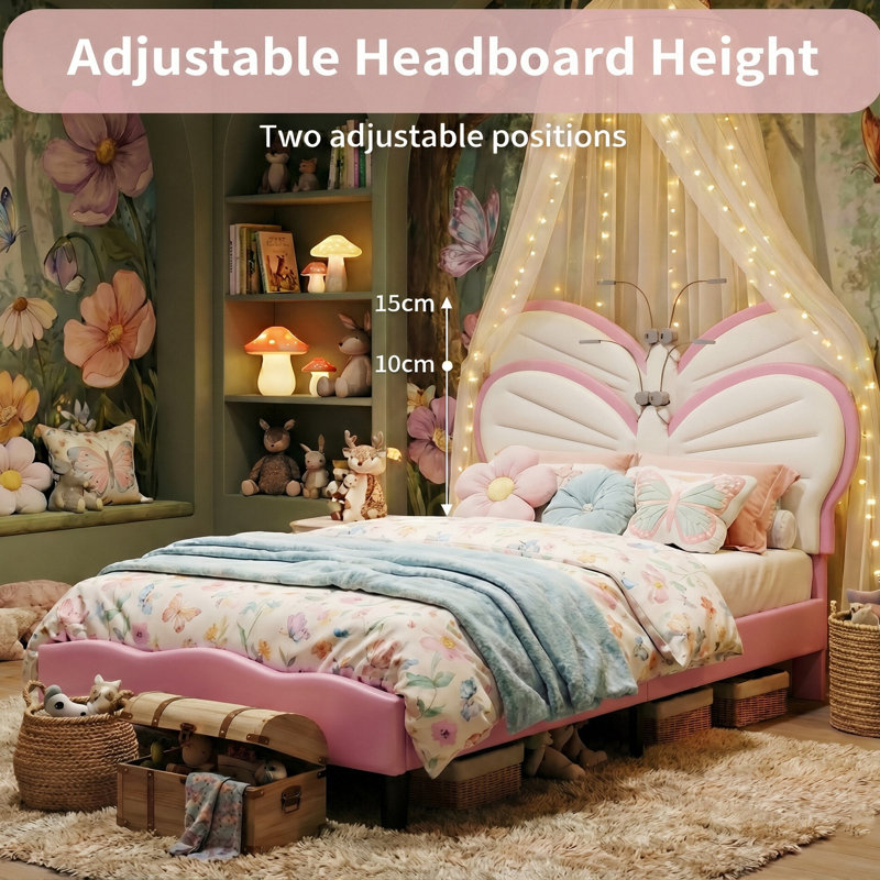 Kids Upholstery Butterfly Bed, Mixed Velvet & PU Leather Headboard With LED Antennae Lights & Adjustable Height, UK & EU Single (90X190/200cm)