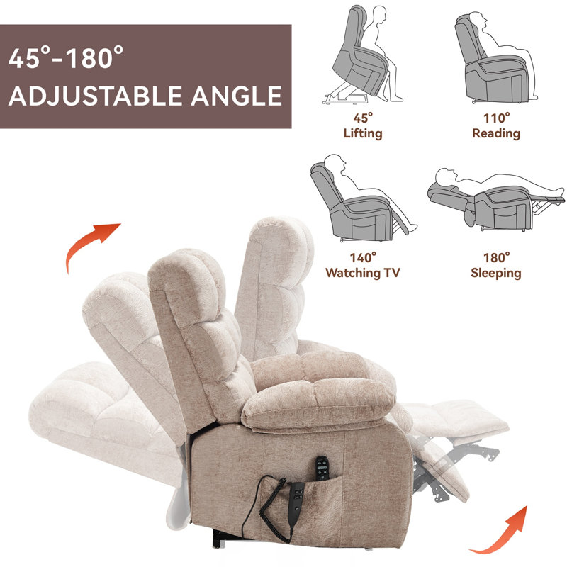 Electric Power Lift Chenille Recliner With Heat And Massage, Beige