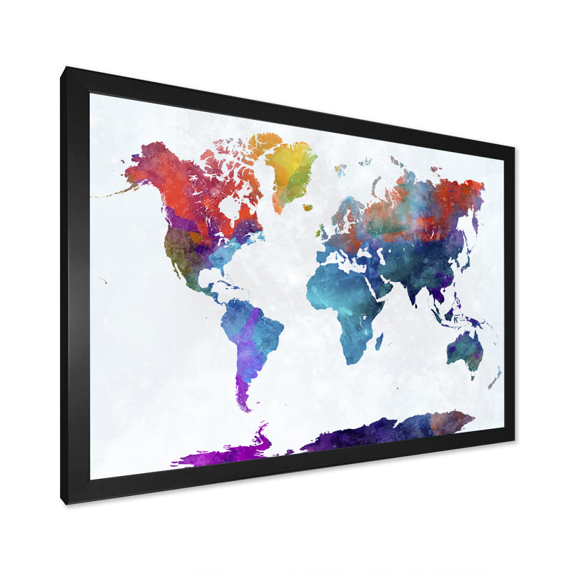 Carte du monde aquarelle multicolore - reproduction sur toile flottante, Cadre noir, H 8 po x l 12 po x P 1 po