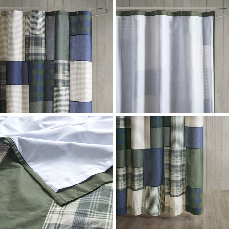 Mill Creek Green and Navy Cotton Patchwork Shower Curtain