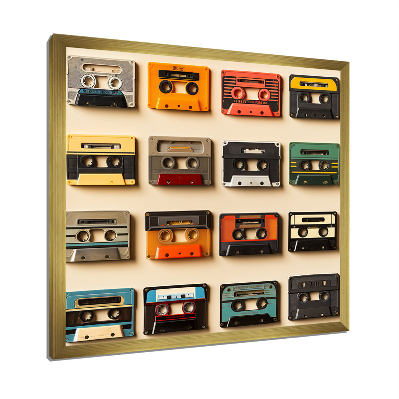 Retro Cassette Tape Collection III - Cassette Tapes Wall Art, H 36 po x l 36 po x P 1,5 po, Cadre doré simple