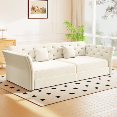 74.5" W Convertible Sofa Bed 2-in-1 Queen Size Velvet Pull Out Sleeper Couch With Tufted Design & Pillows