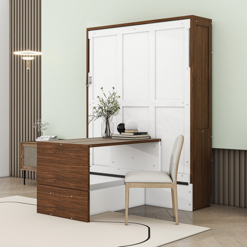 Lit escamotable en bois avec bureau, Noyer gris