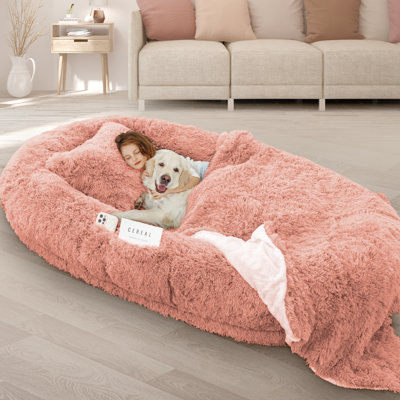 71'' Large Human Dog Bed with Plump Pillow, Blanket, Strap -Pink
