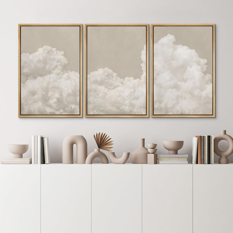 " Muted Serene Sky Filled With Fluffy Clouds Illustrations Neutral Art Decor Chic Living Room " 3 - Pieces, 36" H x 24" W