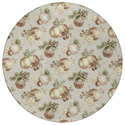 8' Beige Brown And Ivory Round Stars Washable Indoor Outdoor Area Rug